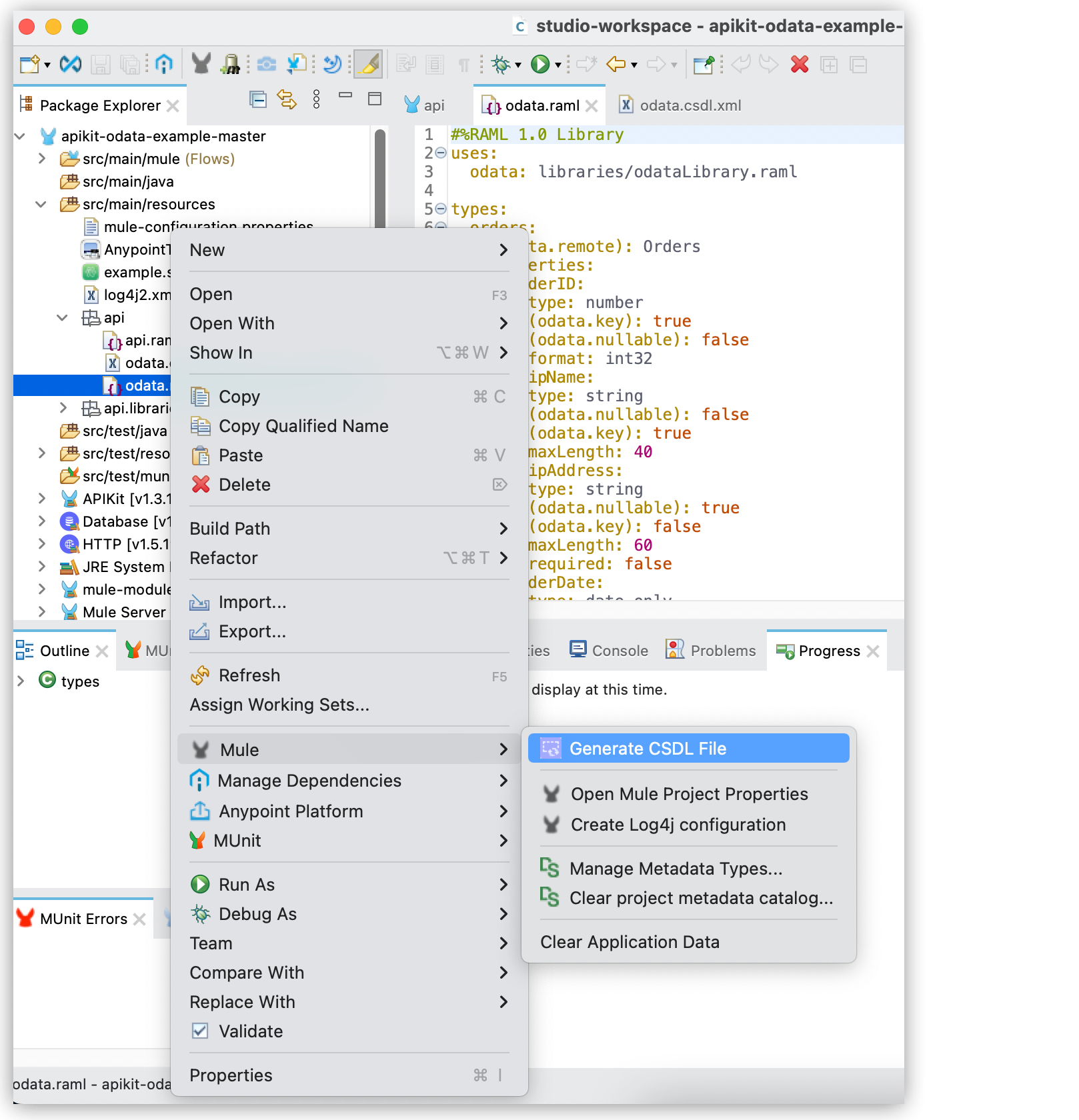 Package Explorer で OData ファイルを右クリックすると、Mule セクションの *[Generate CSDL file (CSDL ファイルを生成)]* オプションが強調表示されます