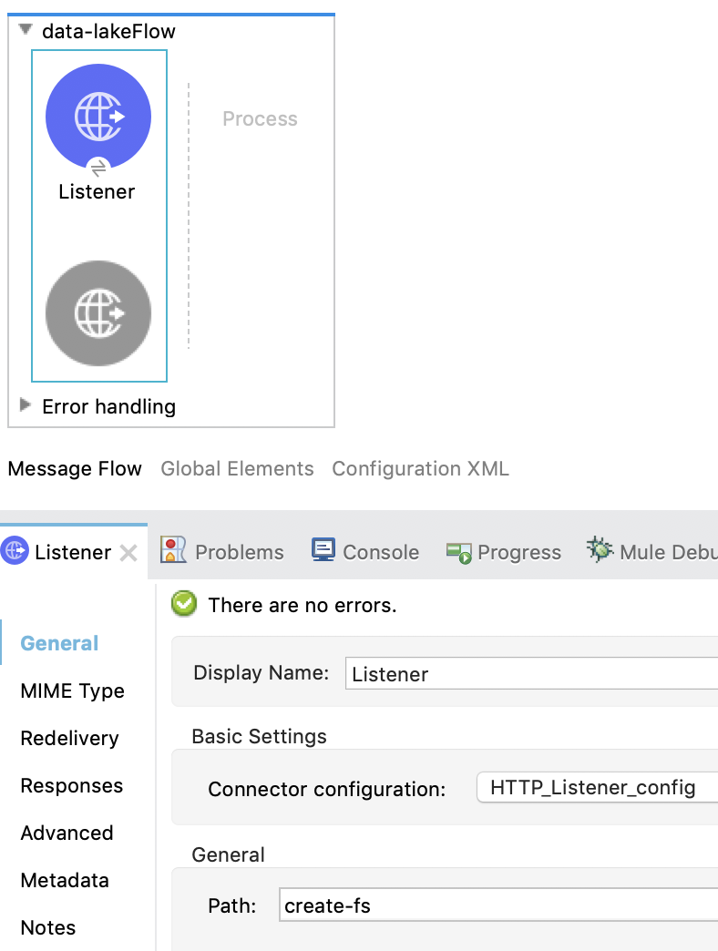 [Path (パス)] の値が「create-fs」に設定されている HTTP リスナーの [General (一般)] プロパティタブ