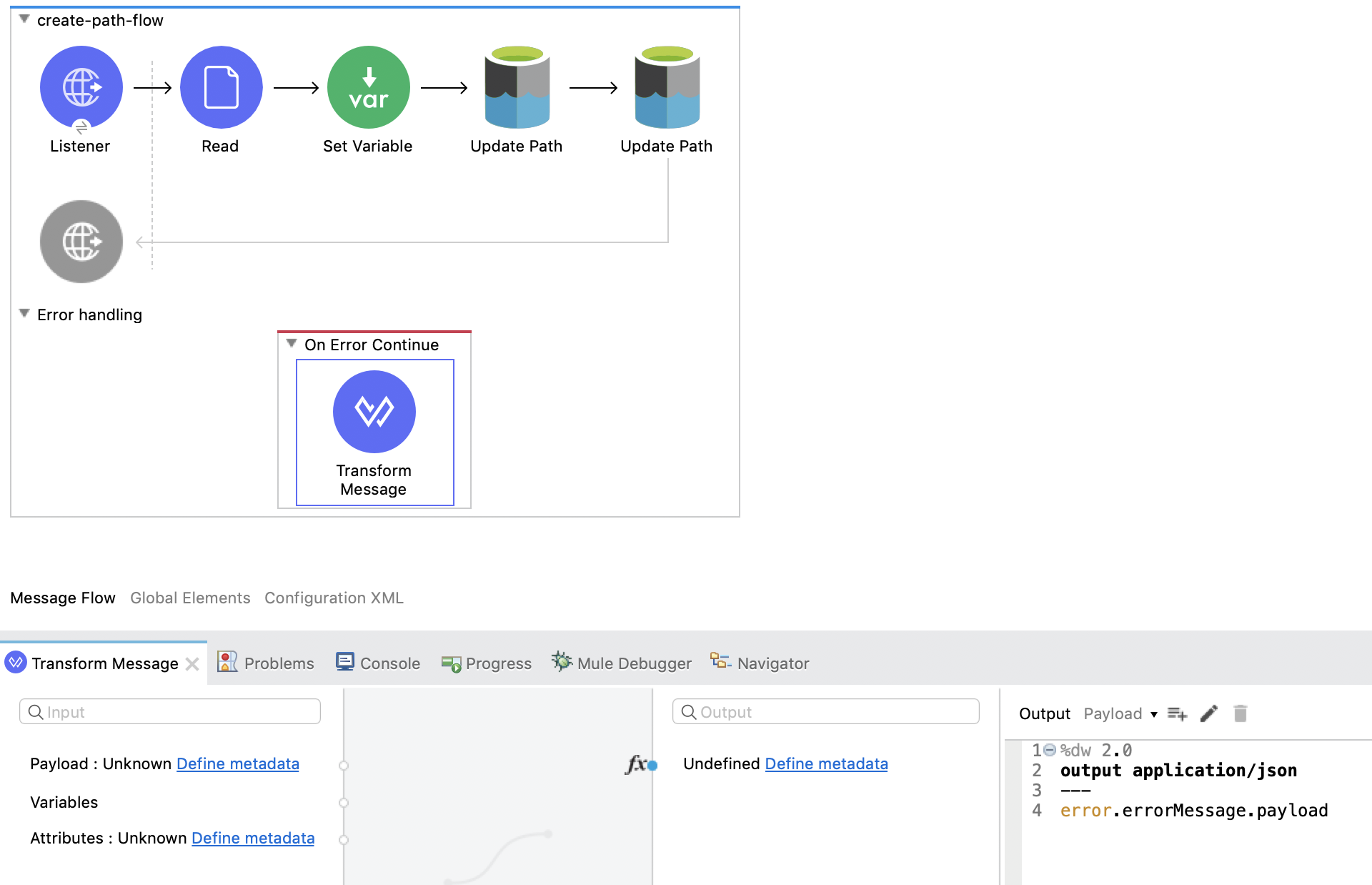 フローにドラッグされた [Transform Message] コンポーネント