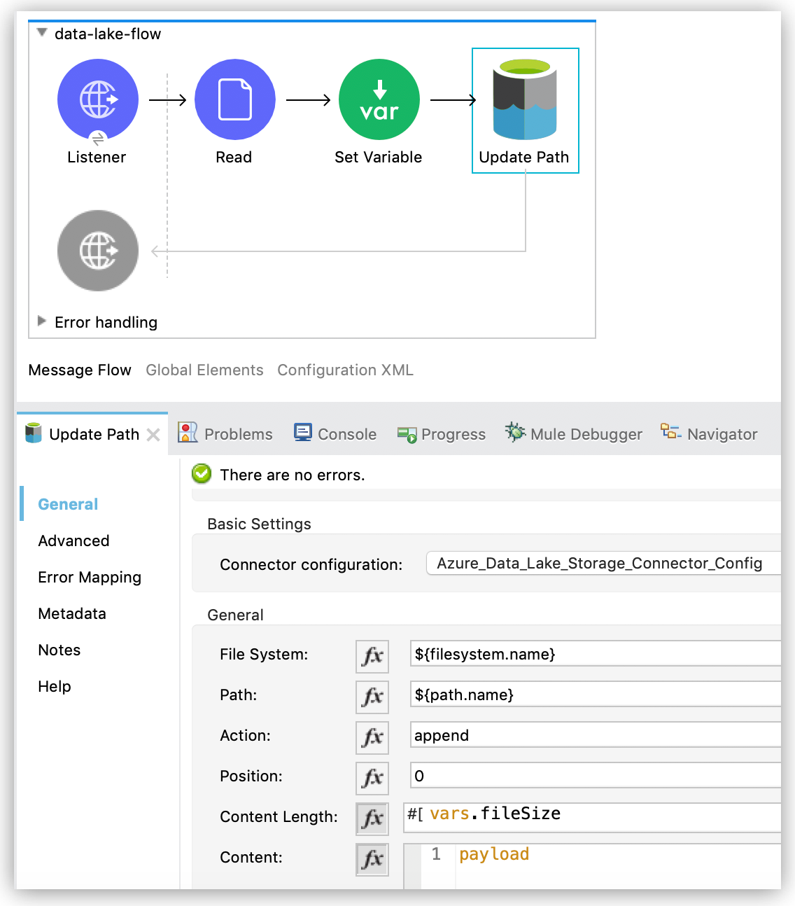 「append」が設定されたサンプル値を含む [Update Path] 操作の [General (一般)] 設定プロパティ