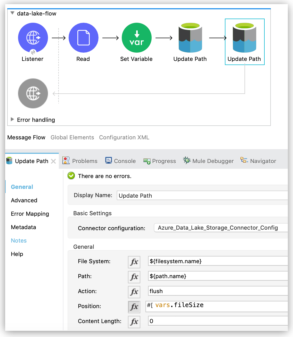 「flush」が設定されたサンプル値を含む [Update Path] 操作の [General (一般)] 設定プロパティ