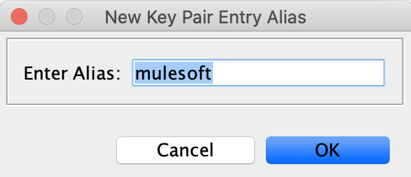 [New Key Pair Entry Alias (新しいキーペアエントリの別名)] ダイアログボックスに mulesoft 別名を追加