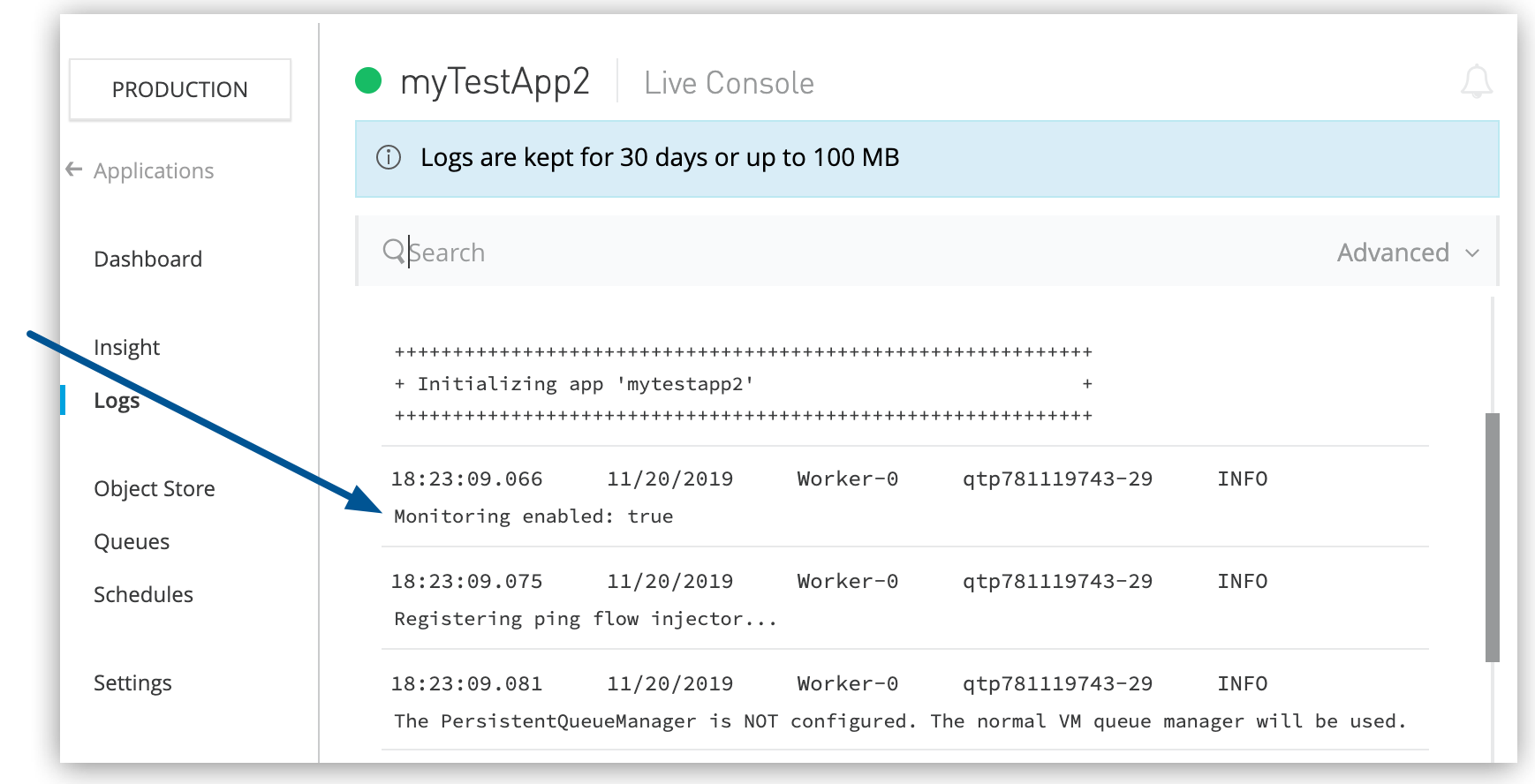 ログの Monitoring enabled メッセージと Registering ping flow injector メッセージ