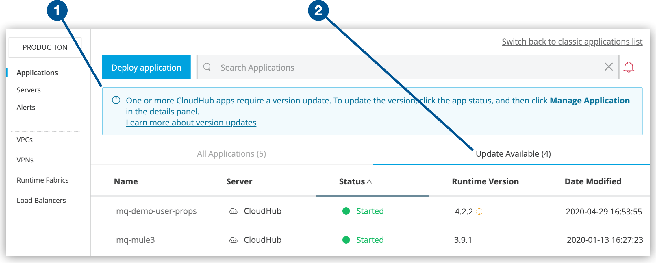 バナーと 「Update Available (更新が使用可能)」 タブが表示された 「Applications (アプリケーション)」 ページ