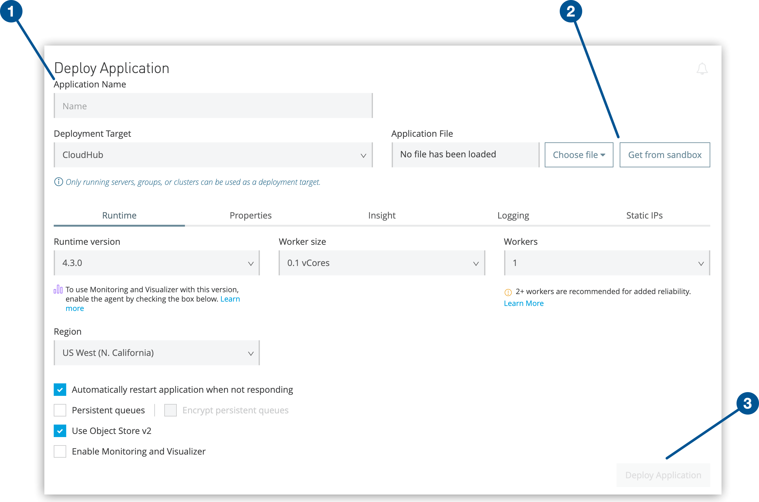 「Application Name (アプリケーション名)」 項目、「Get from sandbox (Sandbox から取得)」 ボタン、「Deploy Application (アプリケーションをデプロイ)」 ボタン