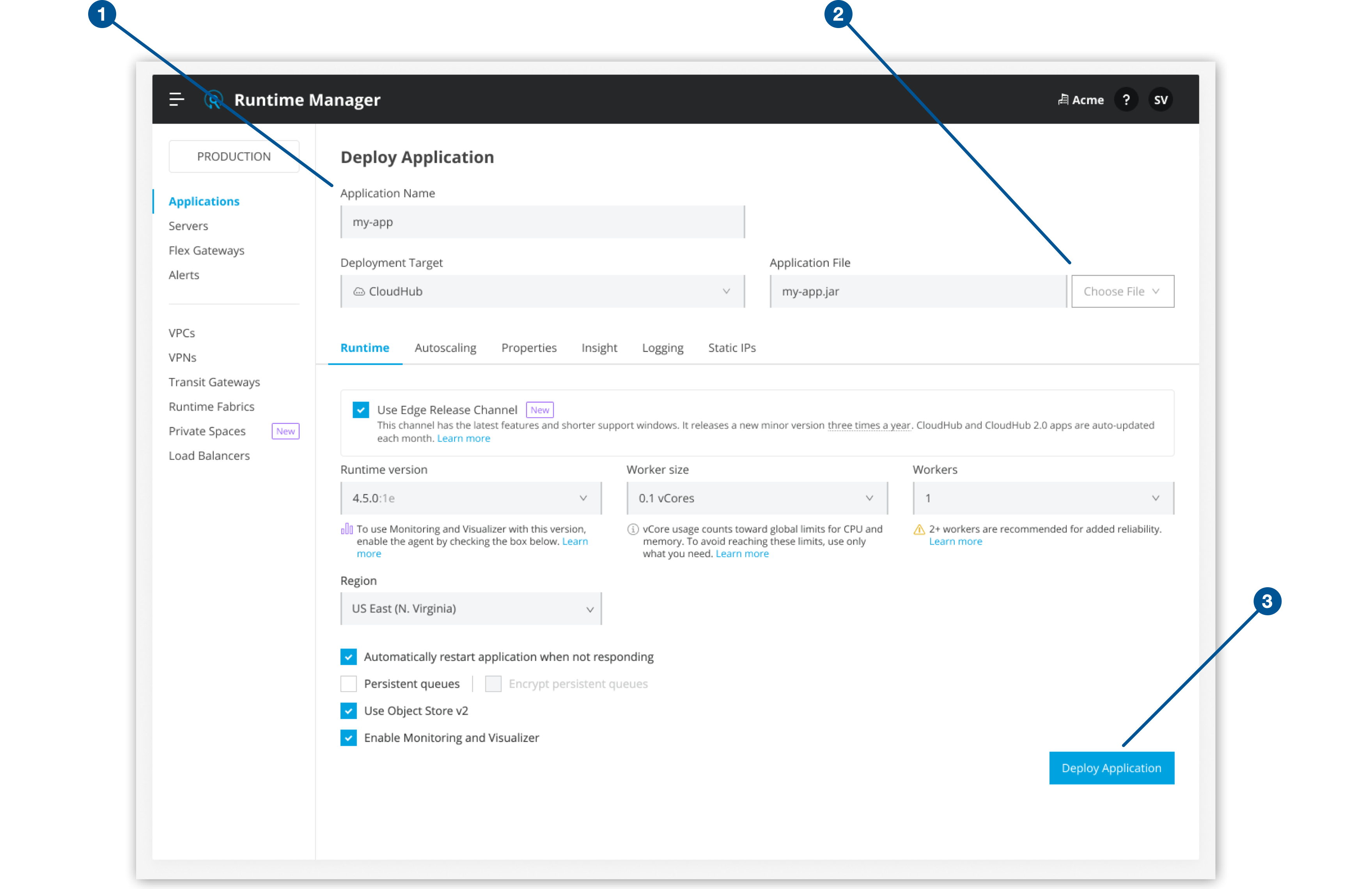 「Application Name (アプリケーション名)」 項目、「Choose file (ファイルを選択)」 メニュー、「Deploy Application (アプリケーションをデプロイ)」 ボタン