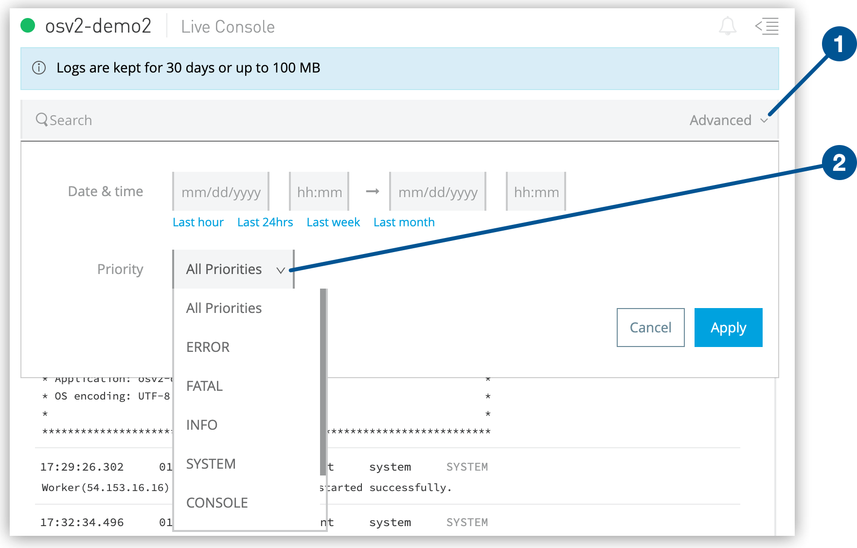 「Logs (ログ)」 ページで 「Advanced (詳細)」 検索と 「Priority (優先度)」 を表示します。