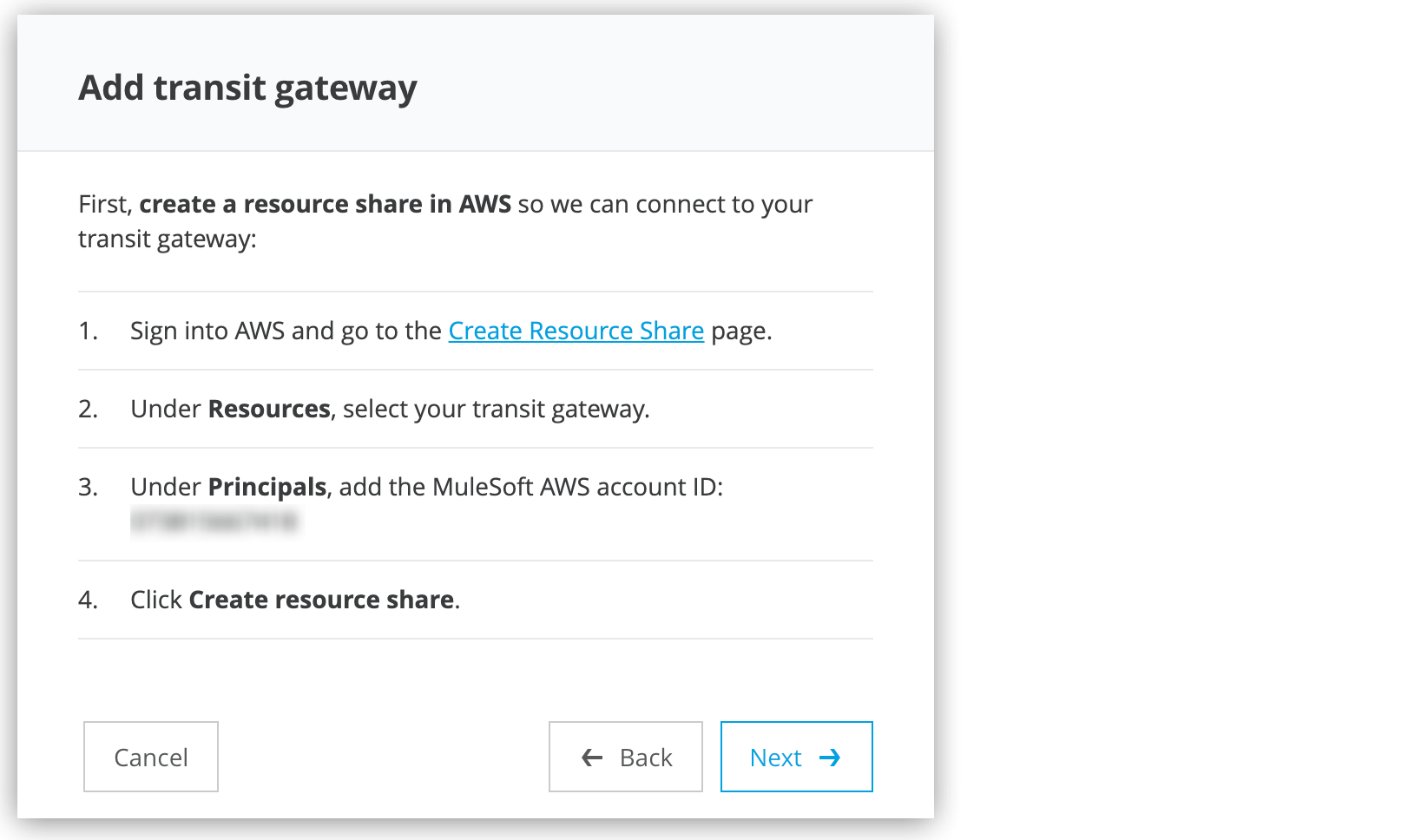 [Add transit gateway (トランジットゲートウェイを追加)] ページ: リソース共有を作成する手順