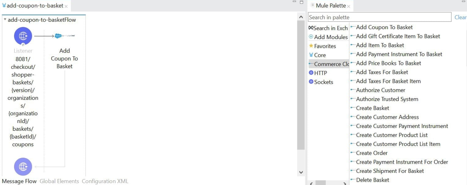 フローにドラッグされた操作の例