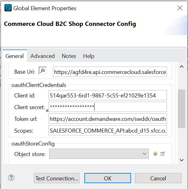 OAuth 2.0 クライアントログイン情報接続の値が含まれた [Commerce Cloud B2C Shop Connector Config (Commerce Cloud B2C Shop Connector 設定)]