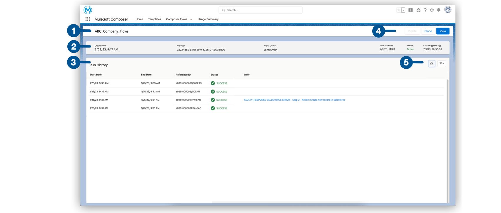 "MuleSoft Composer for Salesforce の [Flow Details (フローの詳細)