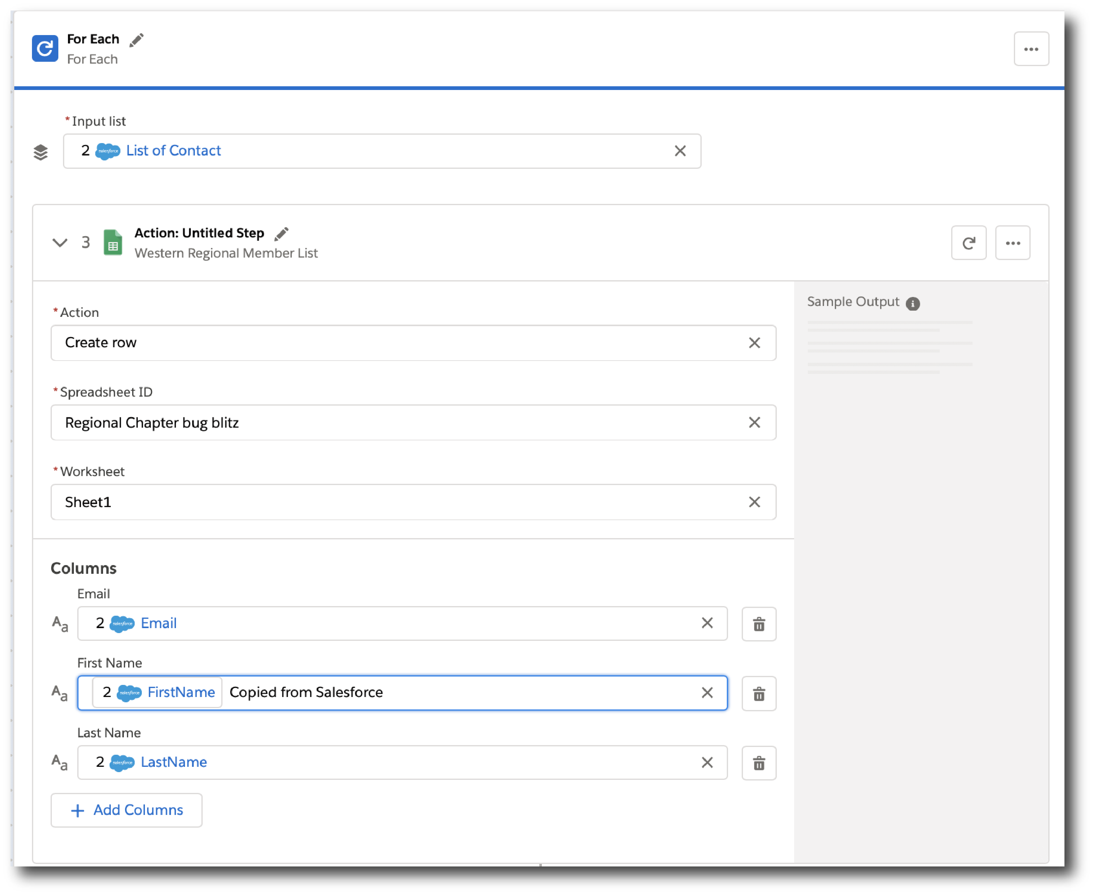 For Each ループが含まれるサンプルアクション設定