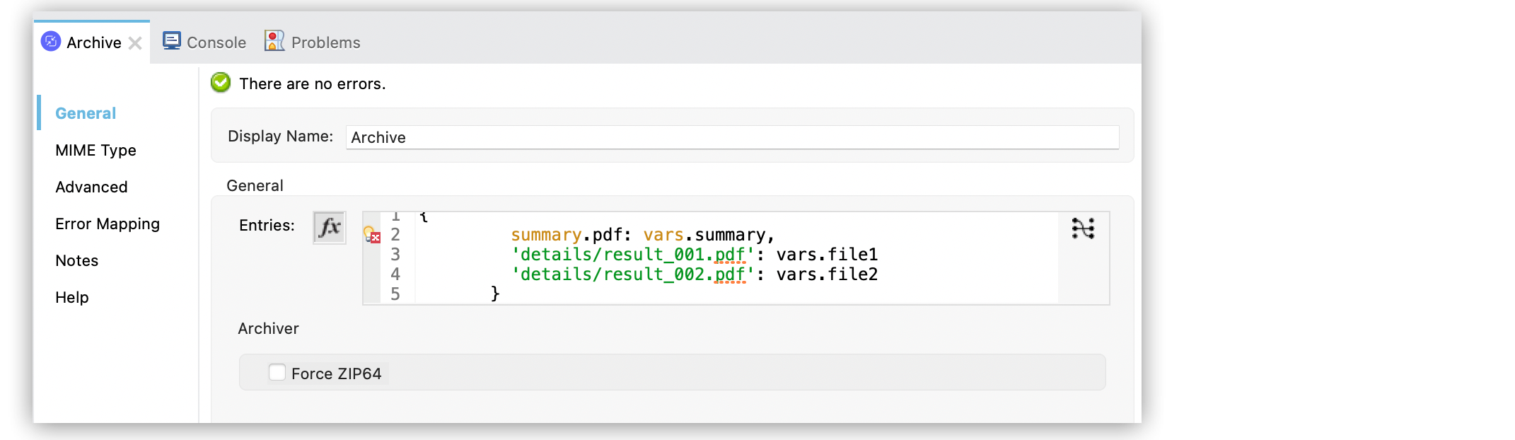 Compression Archive 操作の設定