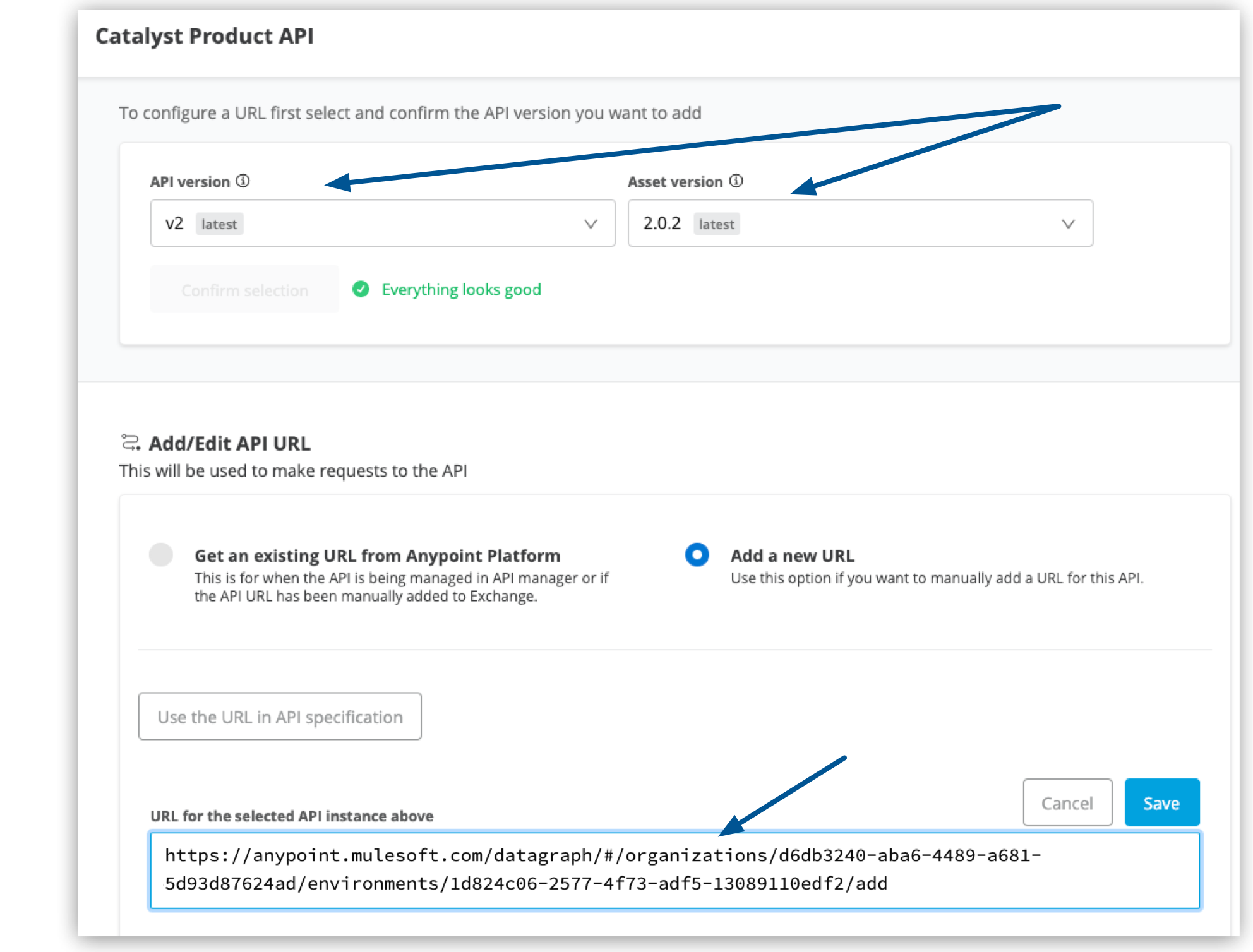 API バージョンとアセットバージョンを追加し、Catalyst Product API の URL を追加