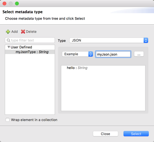 型を選択する [Select metadata type (メタデータ型を選択)] ダイアログ