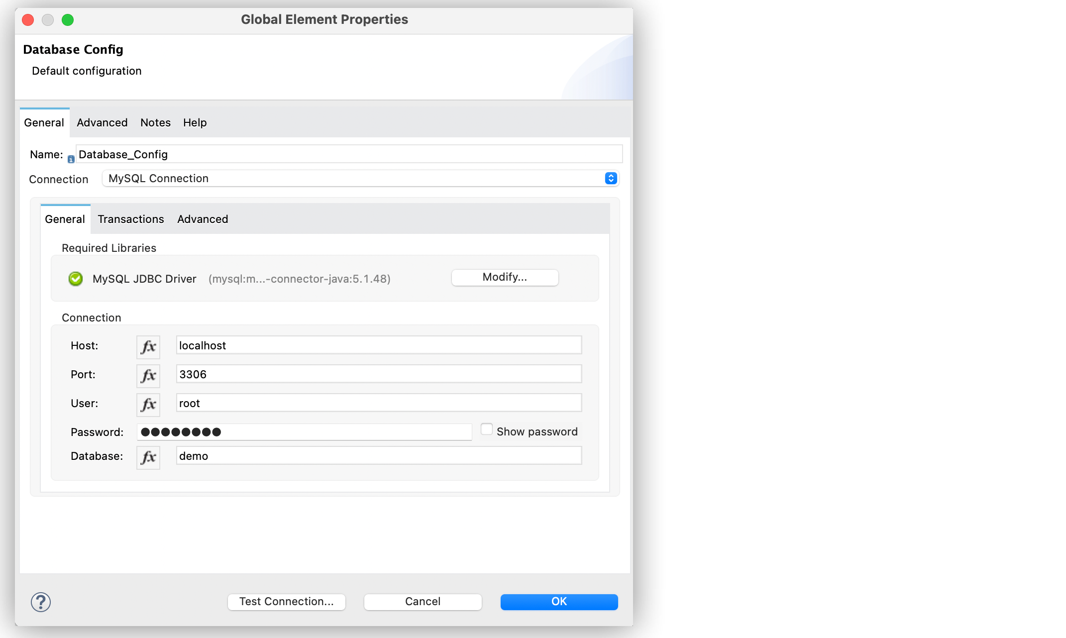 「[Host (ホスト)]、[Port (ポート)]、[User (ユーザー)]、[Password (パスワード)] 項目を設定するデータベースの一般設定。」