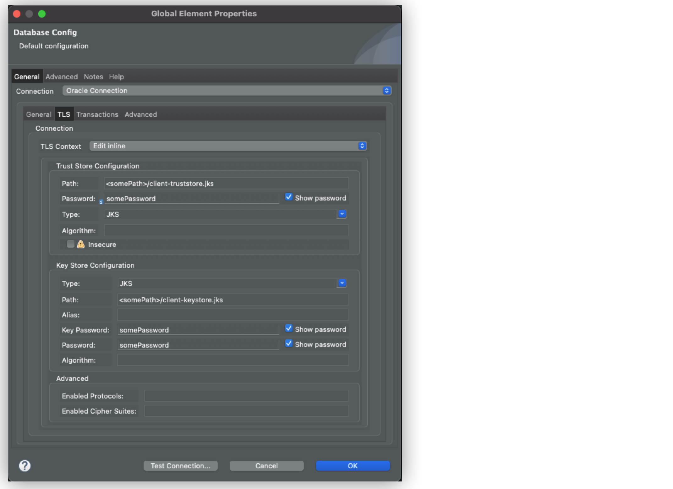 「Secure Oracle Connection General Configuration (セキュア Oracle 接続の全般的な設定)」 ウィンドウ