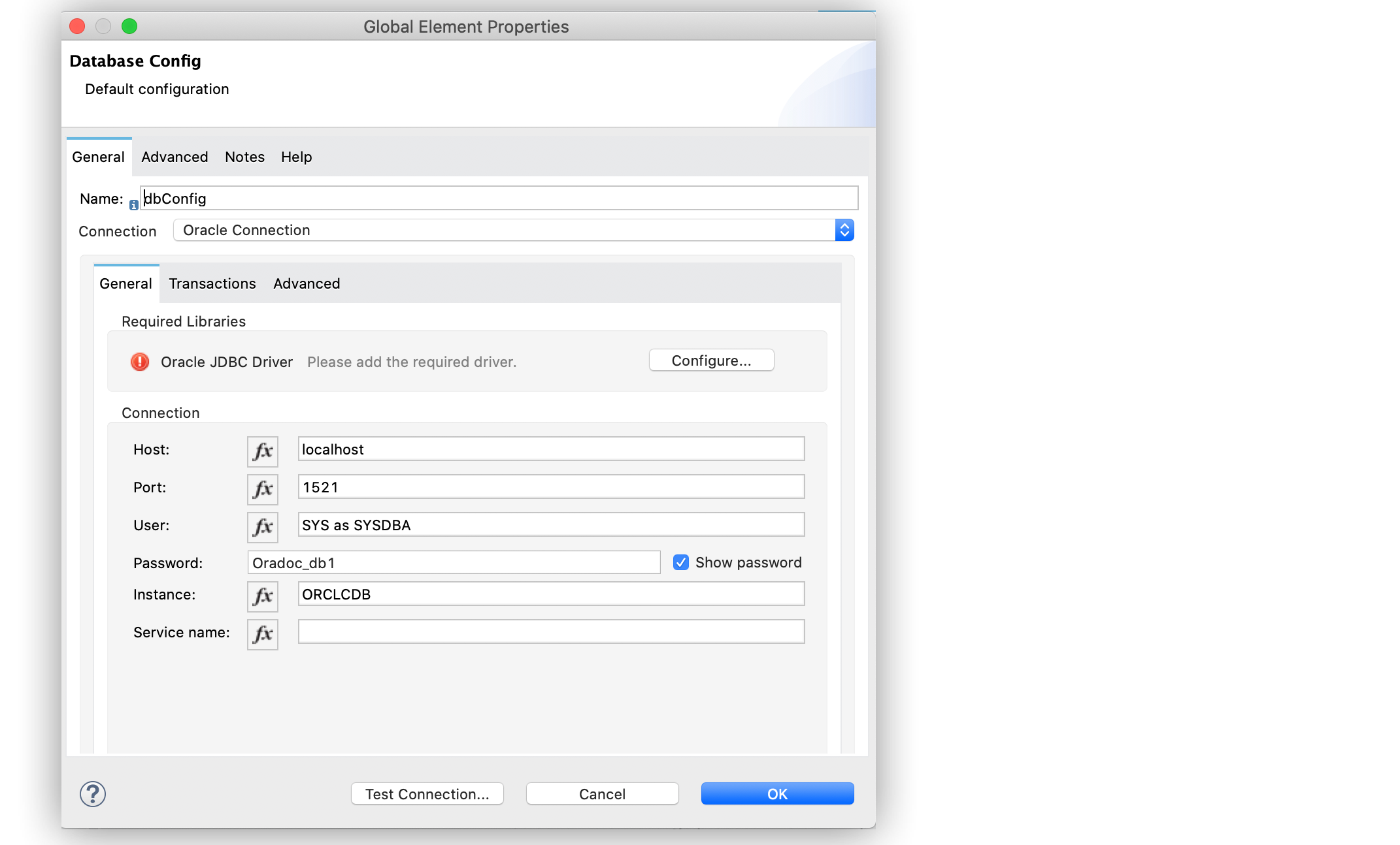 「Host (ホスト)」、「Port (ポート)」、「User (ユーザー)」、「Password (パスワード)」項目を設定するデータベースのグローバル要素設定。