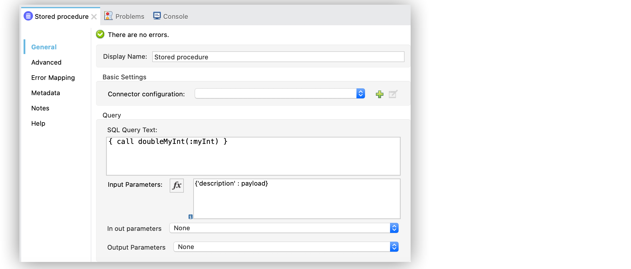 [Input parameter (入力パラメータ)] 項目を使用した Stored procedure 操作の設定