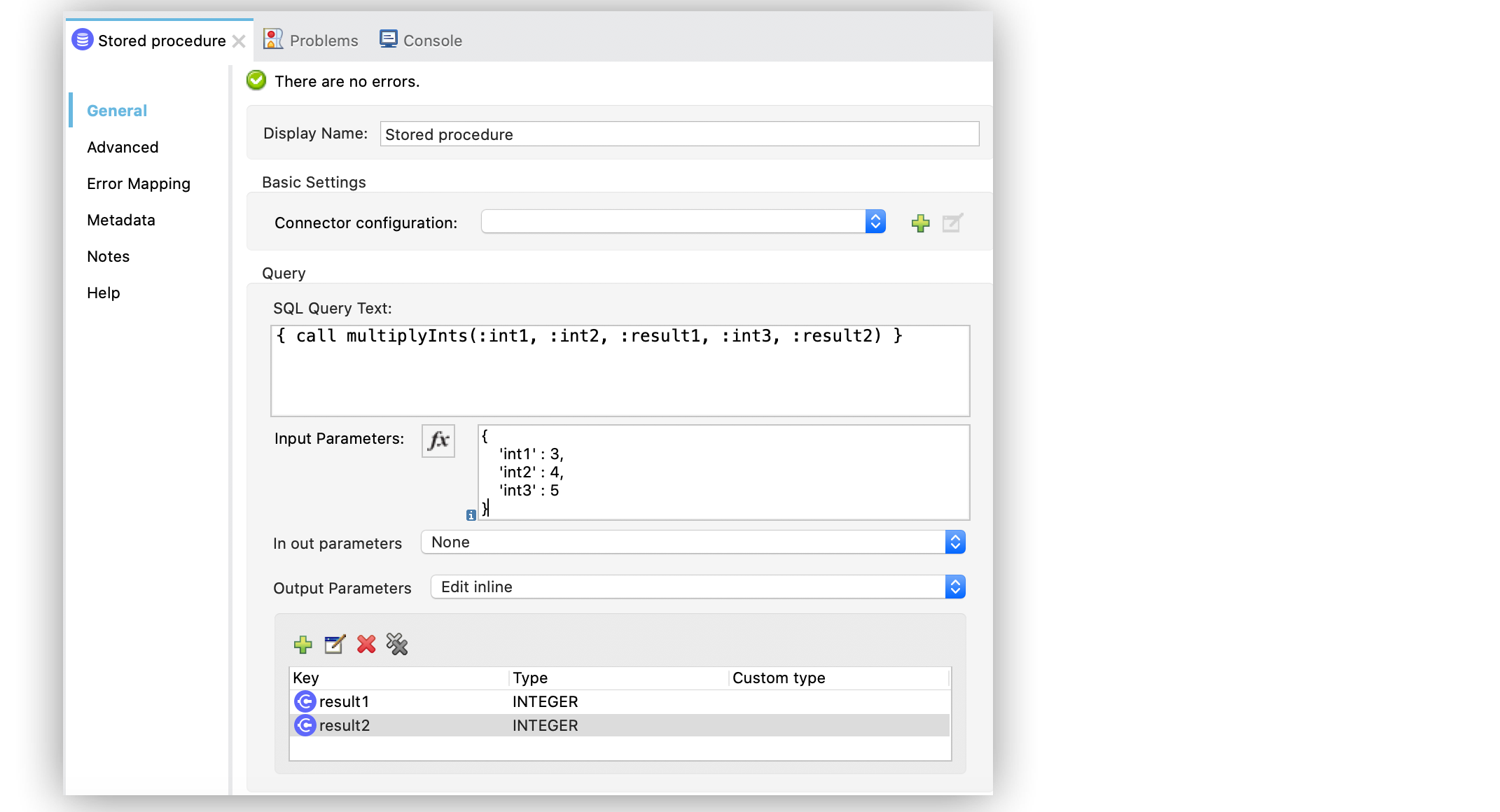 「Input parameters (入力パラメータ)」 項目と 「Output parameters (出力パラメータ)」 項目を使用した Stored procedure 操作の設定