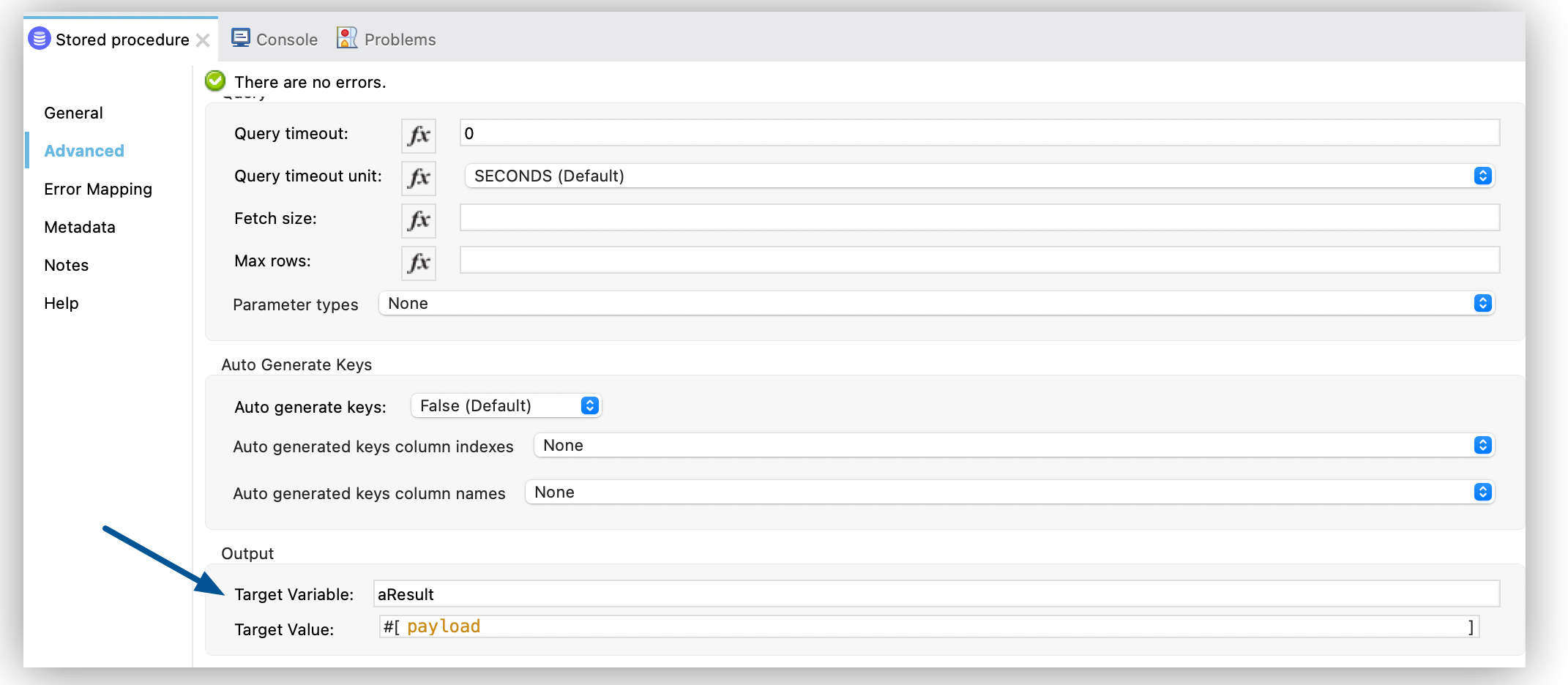 [Target Variable (対象変数)] 項目を使用した Stored procedure 操作の設定