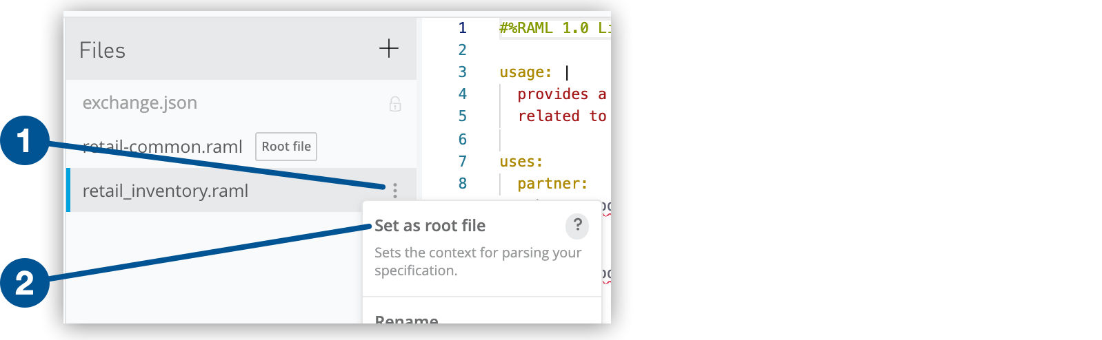 3 つのドットをクリックすると開くメニューの上部にある [Set as root file (ルートファイルとして設定)