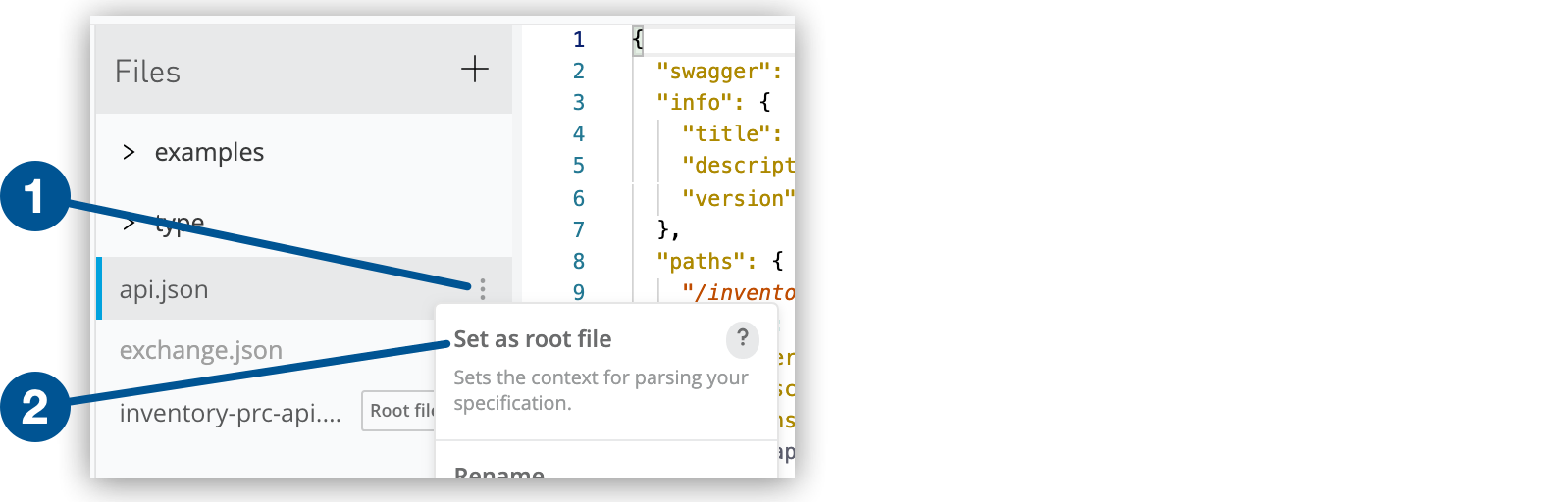 3 つのドットをクリックすると開くメニューの上部にある [Set as root file (ルートファイルとして設定)