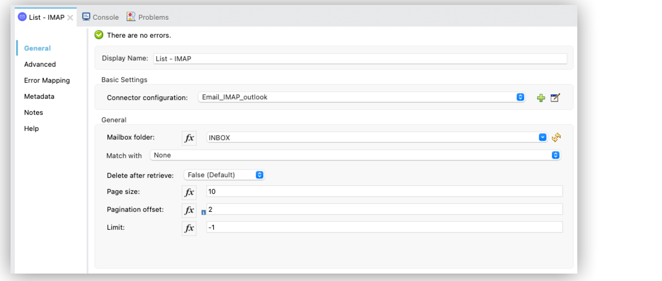 「Pagination offset (ページネーションオフセット)」 項目が設定されている List Imap 操作