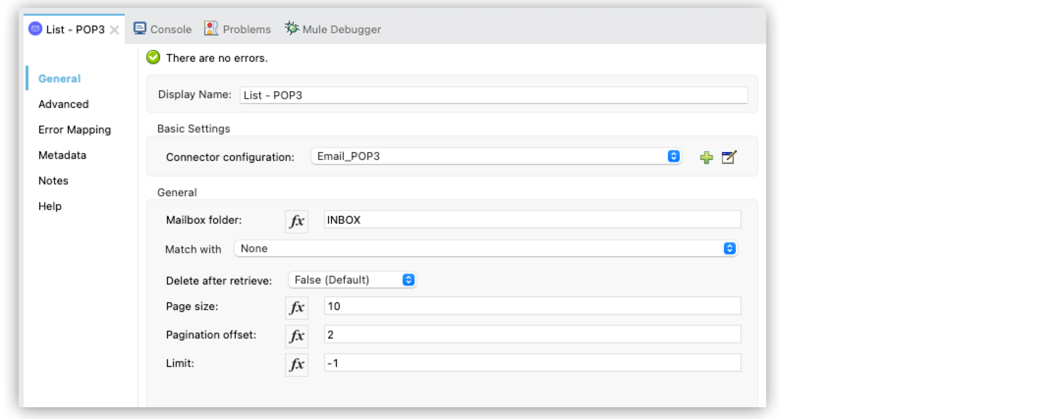 「Pagination offset (ページネーションオフセット)」 項目が設定されている List POP3 操作