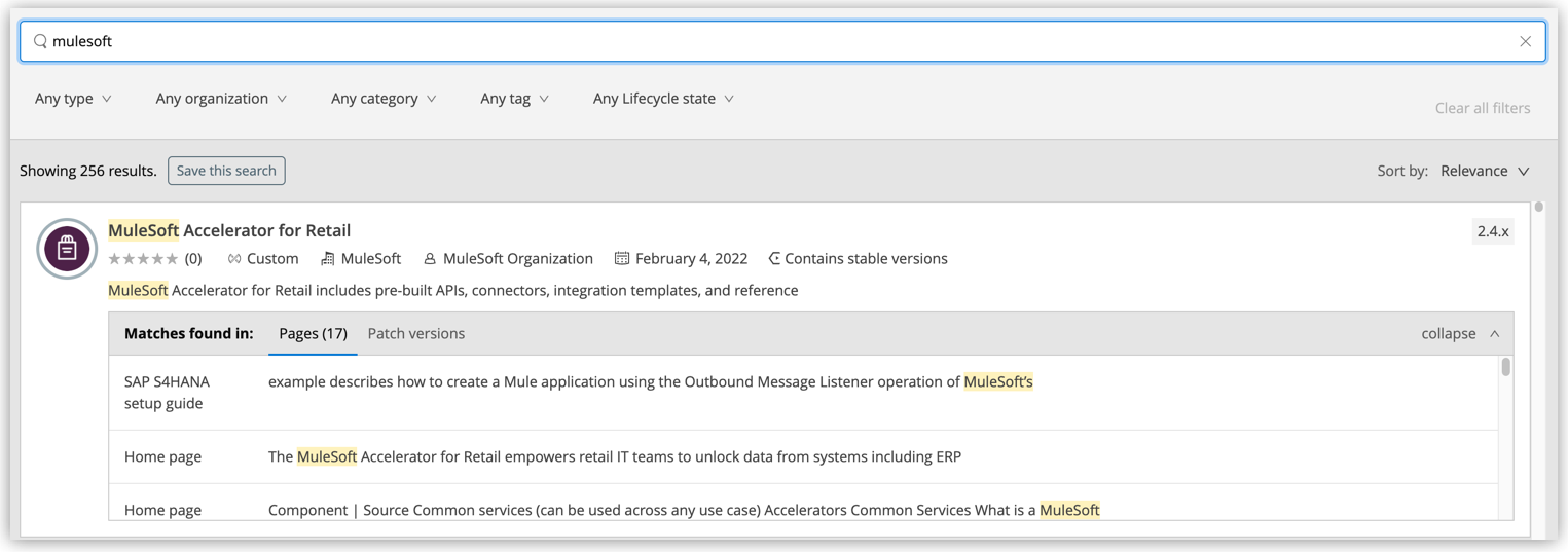 キーワード「Mulesoft」が強調表示された検索結果。