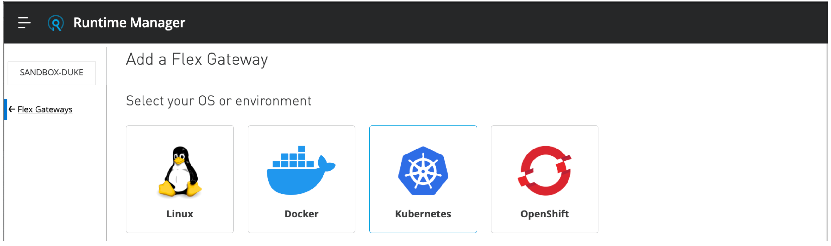 Runtime Manager の [Flex Gateway] リストに戻る