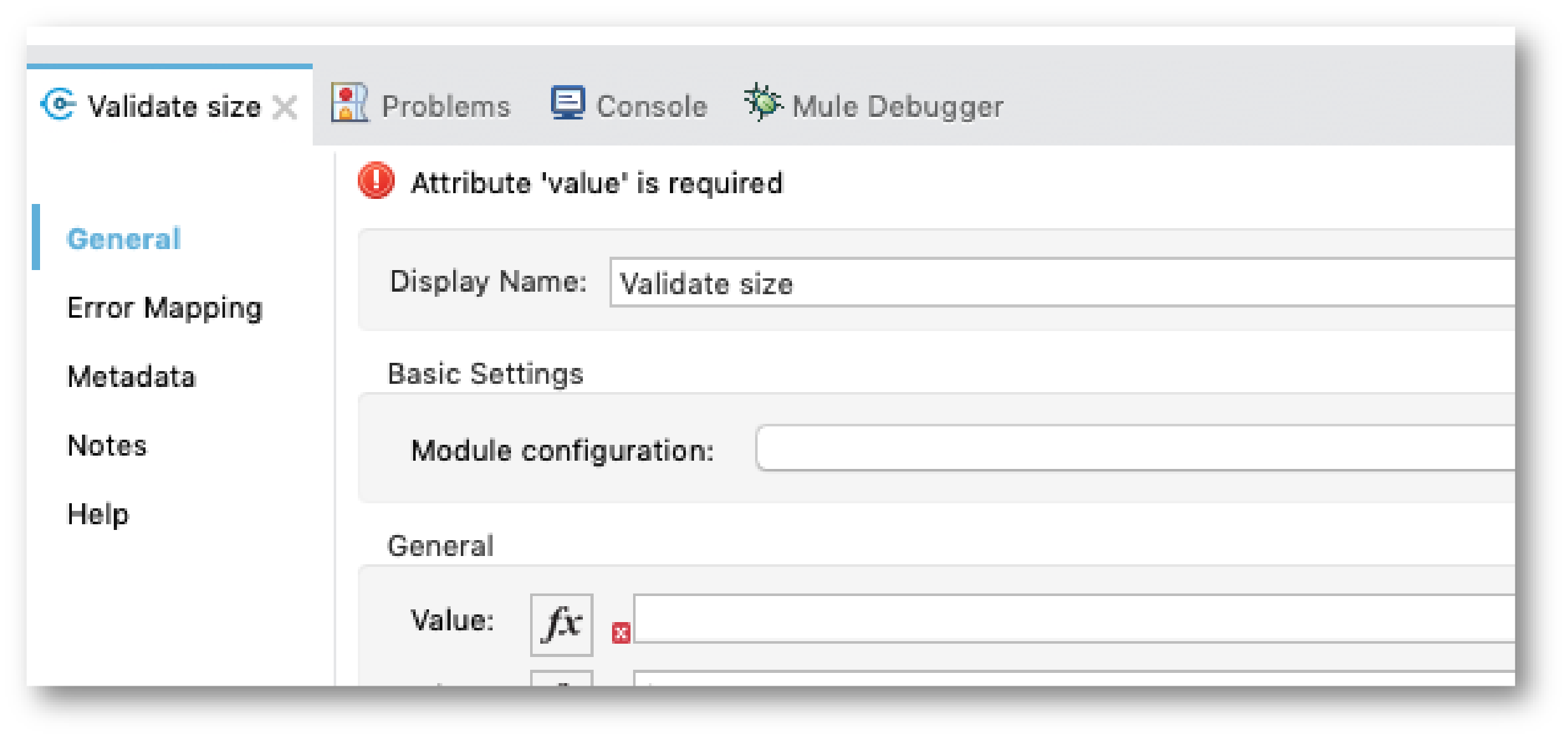 Validate size の設定タブ