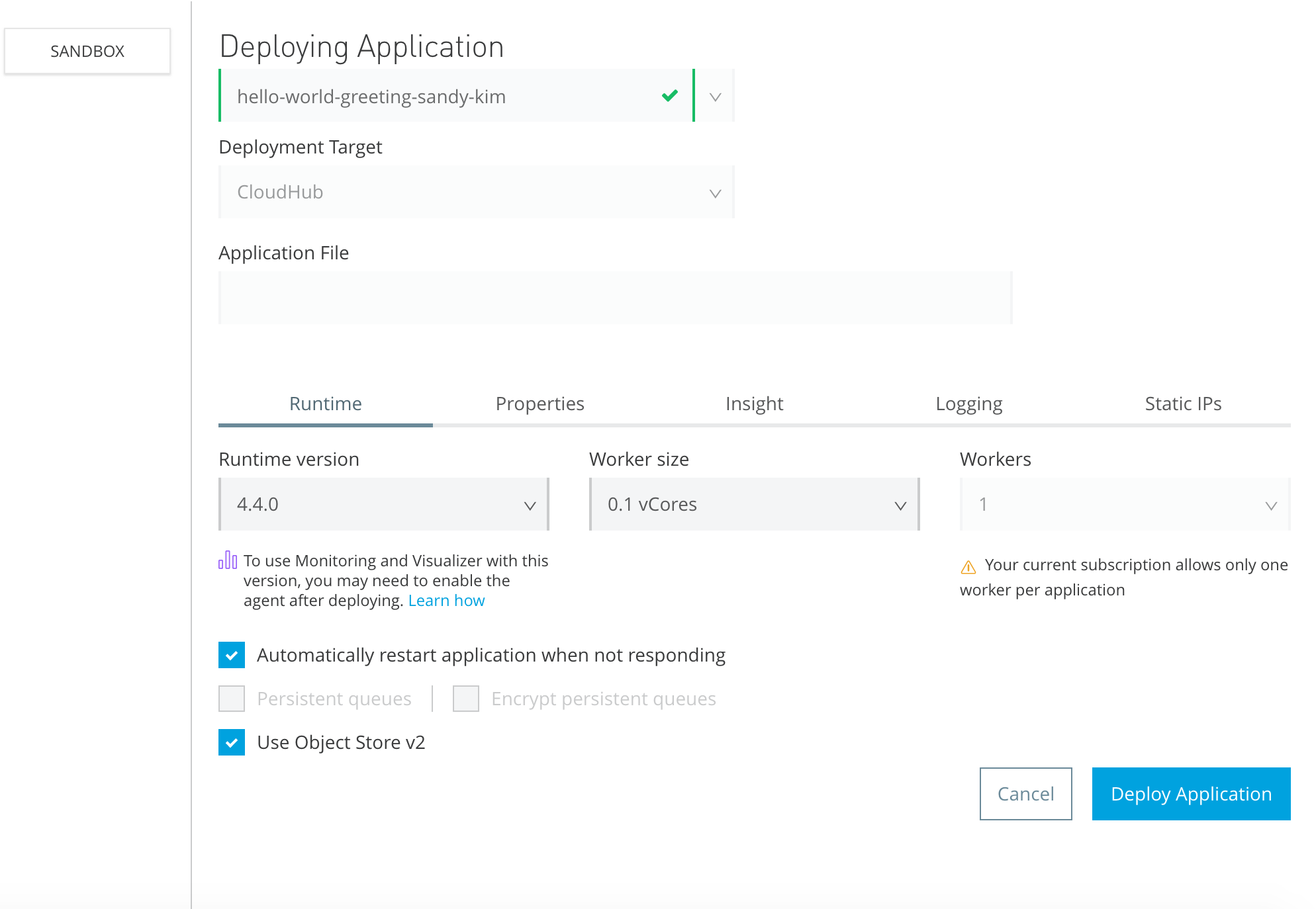 CloudHub にデプロイするためのダイアログ