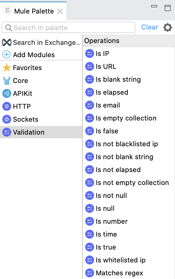 Validation Module が選択された [Mule Palette (Mule パレット)