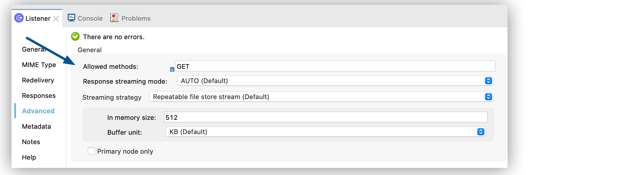 「Allowed methods (許可されるメソッド)」 項目が GET に設定された HTTP リスナー設定ウィンドウ