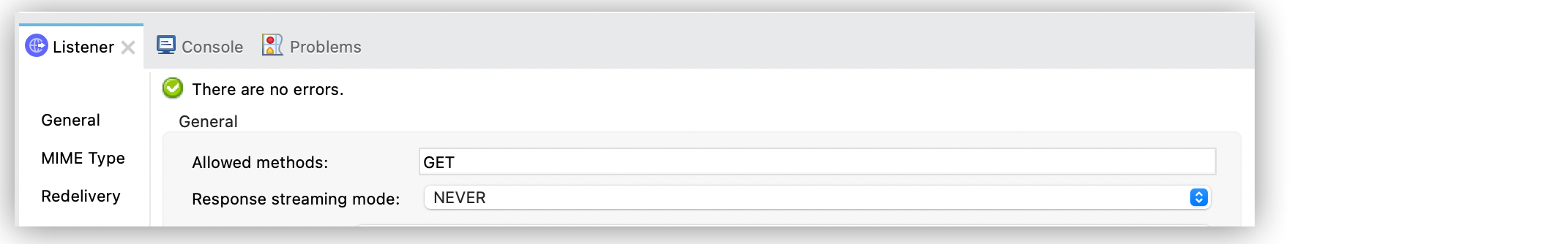 「Allowed methods (許可されるメソッド)」 項目が GET、「Response streaming mode (応答ストリーミングモード)」 項目が NEVER に設定された HTTP リスナー設定ウィンドウ