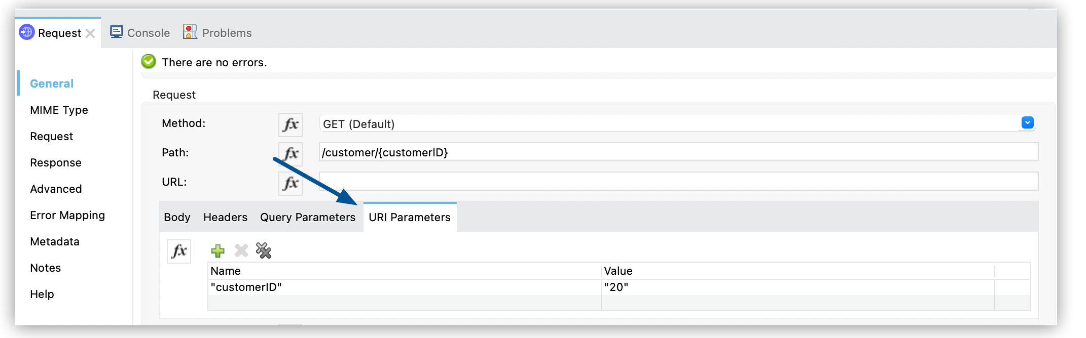 「Key (キー)」 項目が customerID、「Value (値)」 項目が 20 に設定された URI クエリパラメーター設定