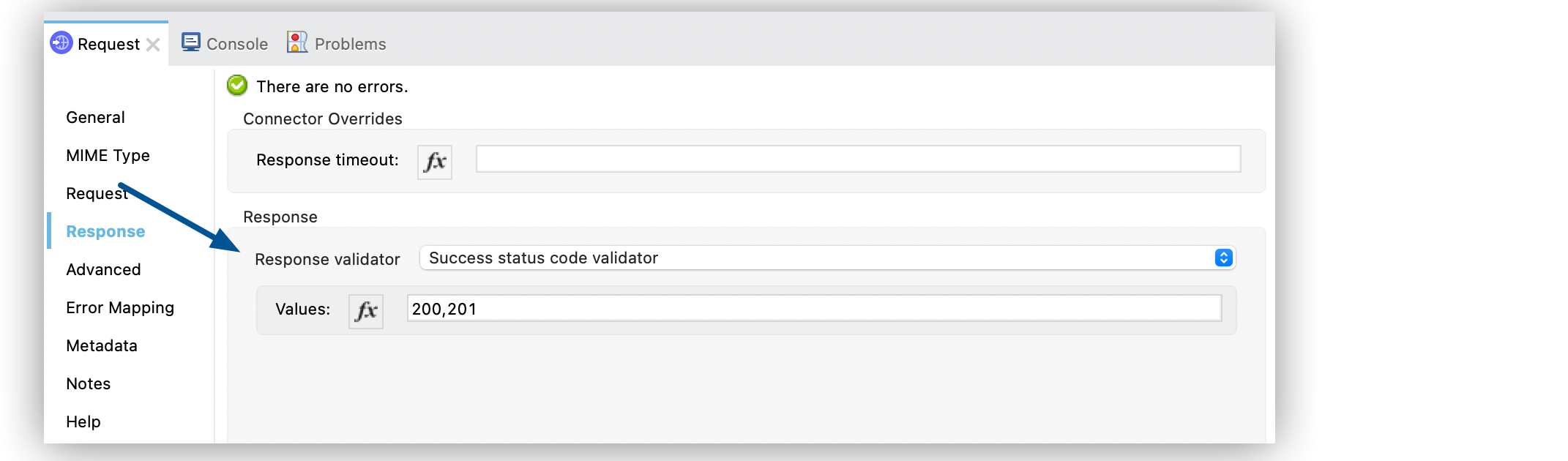 「Success status code validator (成功状況コード検証)」 に設定された 「Response validator (応答検証)」 項目