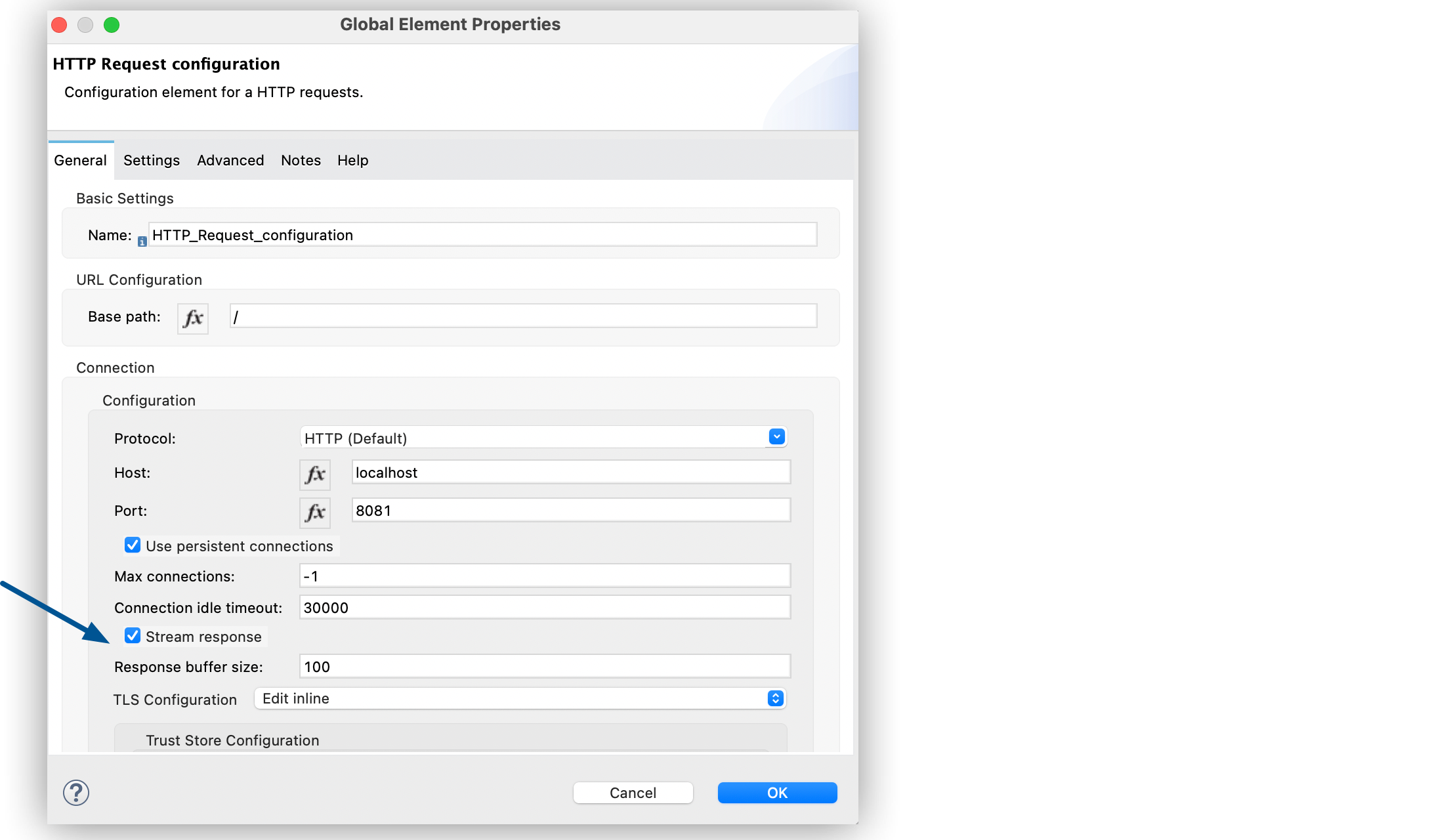 「Stream response (応答のストリーミング)」 項目がオン、「Response buffer size (応答バッファサイズ)」 項目が 100 に設定された HTTP 要求設定ウィンドウ