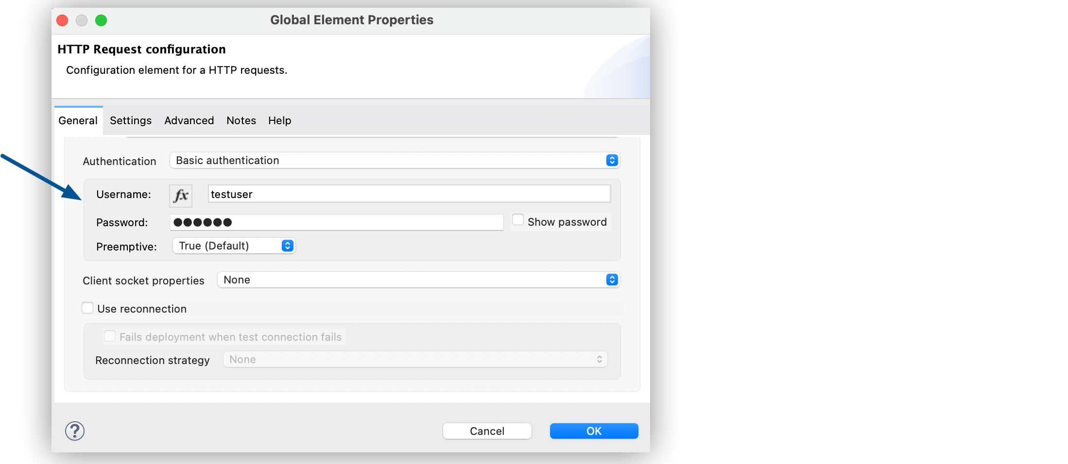 Basic authentication に設定された 「Authentication (認証)」 項目、testuser に設定された 「User (ユーザー)」 項目、Mypassword に設定された 「Password (パスワード)」 項目