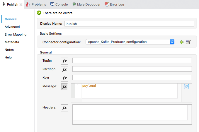プロデューサー設定用の [General (一般)] タブの Kafka 設定パネル