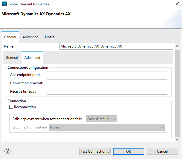 [Advanced (詳細)] タブの Microsoft Dynamics AX Connector の [Global Elements Properties (グローバル要素プロパティ)] 設定ウィンドウ