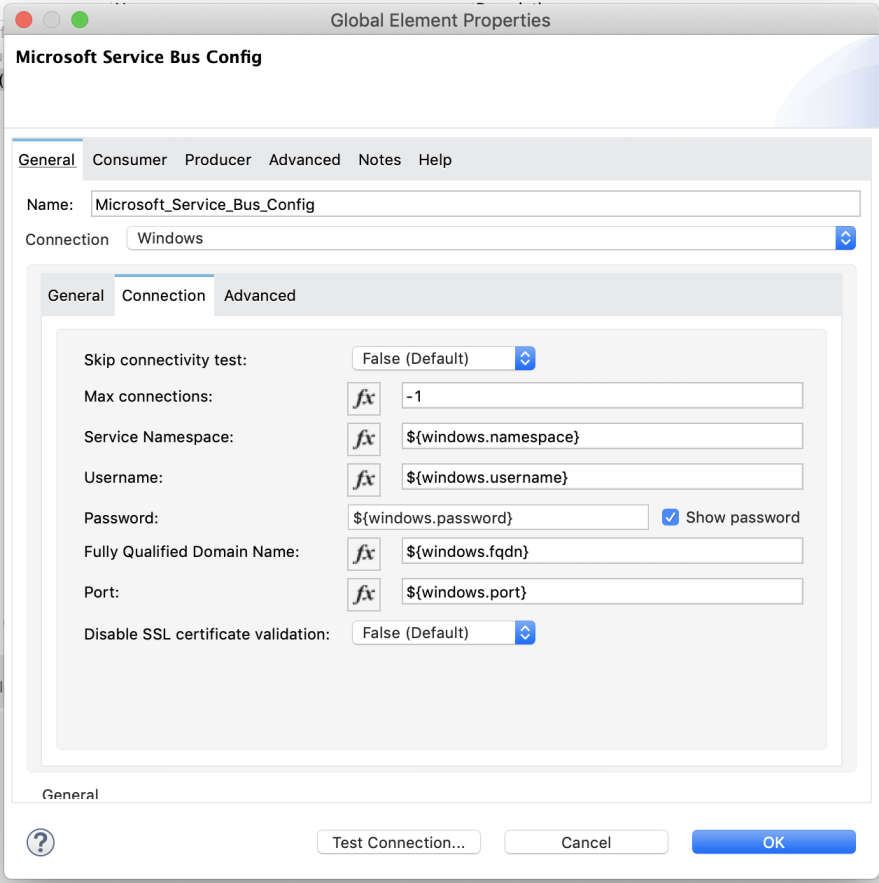 [General (一般)] タブの Microsoft Service Bus Connector の [Global Elements Properties (グローバル要素プロパティ)] 設定ウィンドウ