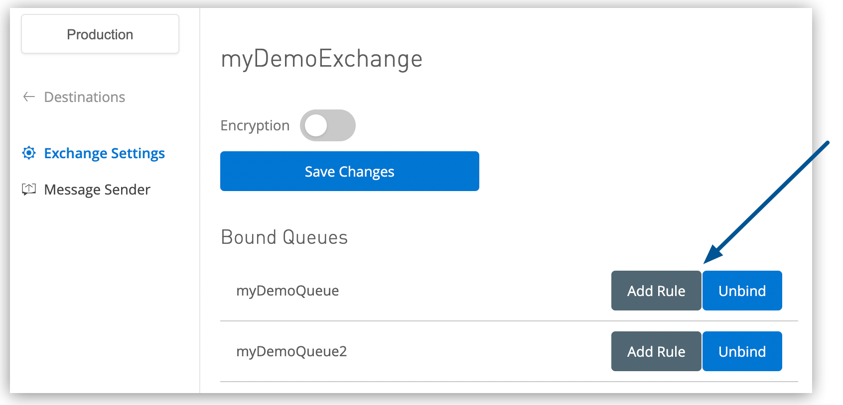 [Exchange Settings (エクスチェンジ設定)] ページの [Add Rule (ルールを追加)] ボタン