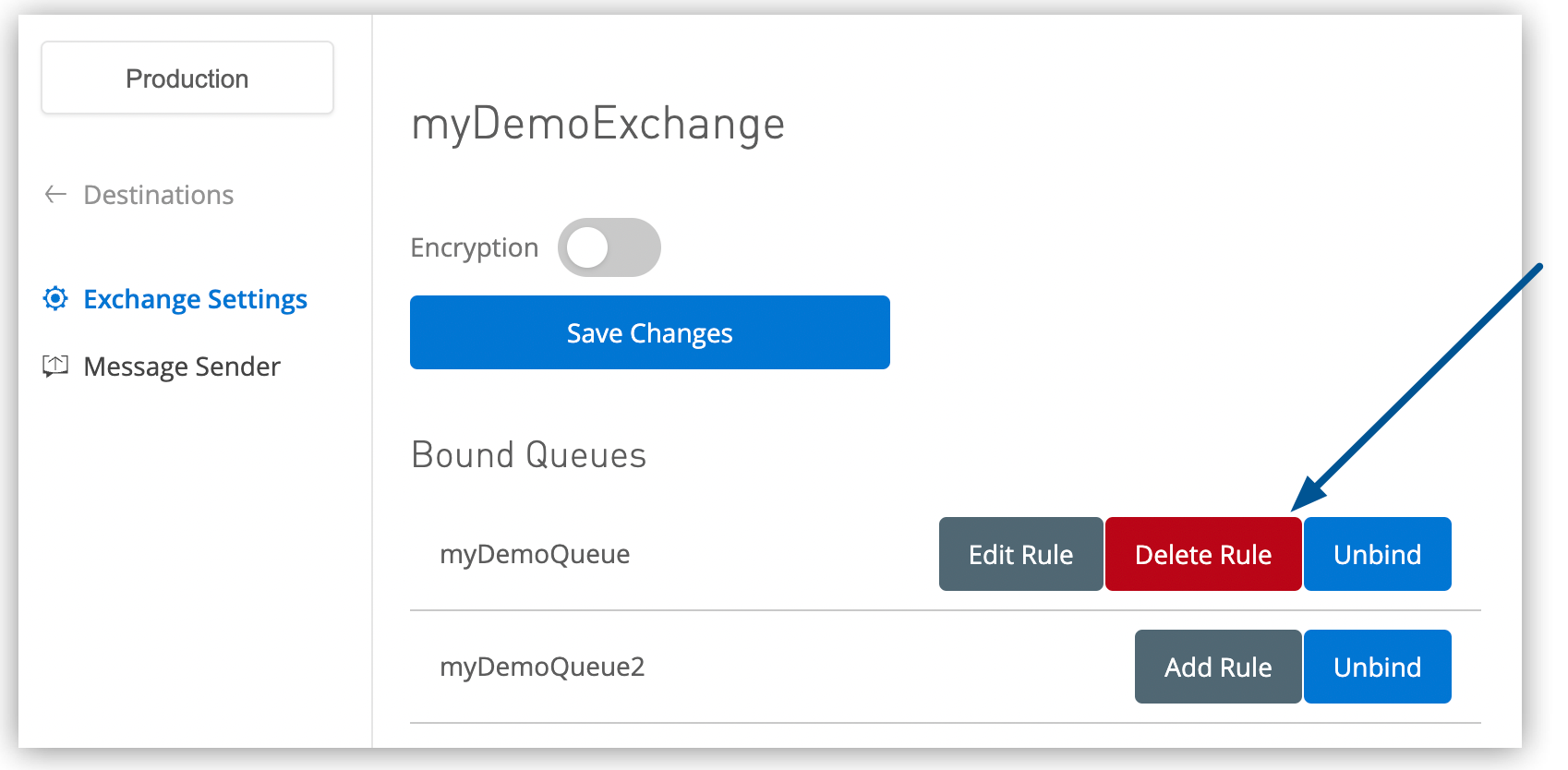 [Exchange Settings (エクスチェンジ設定)] ページの [Delete Rule (ルールを削除)] ボタン