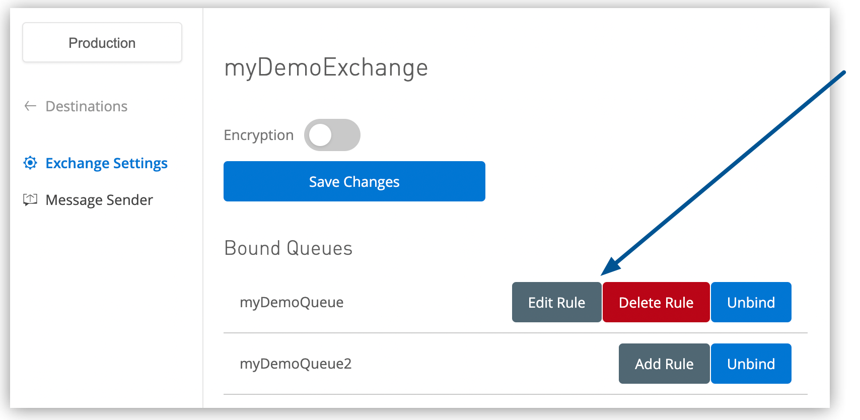 [Exchange Settings (エクスチェンジ設定)] ページの [Edit Rule (ルールを編集)] ボタン