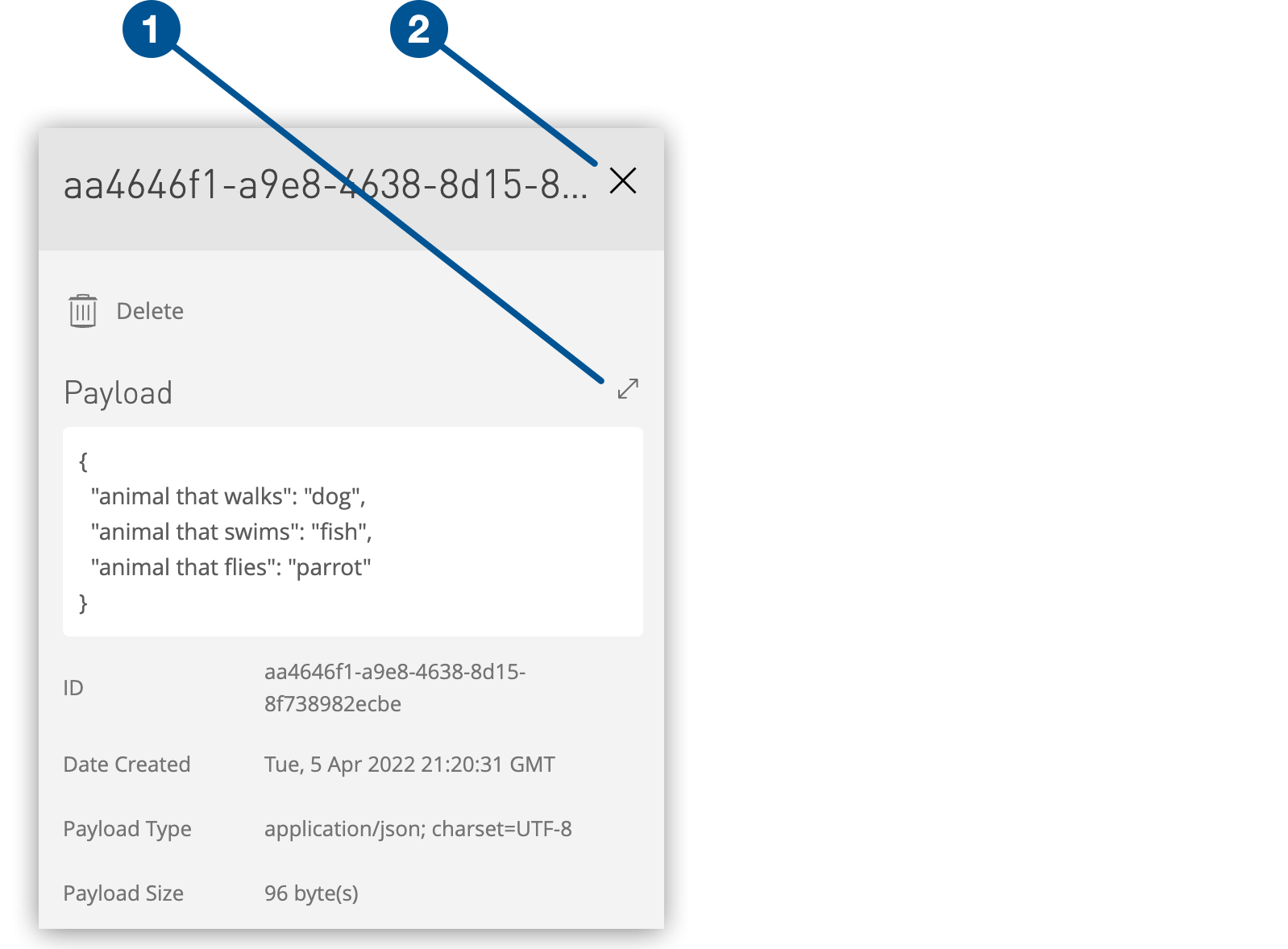 JSON ペイロード、[Full Screen (全画面)] アイコン、詳細ペインを閉じるアイコン