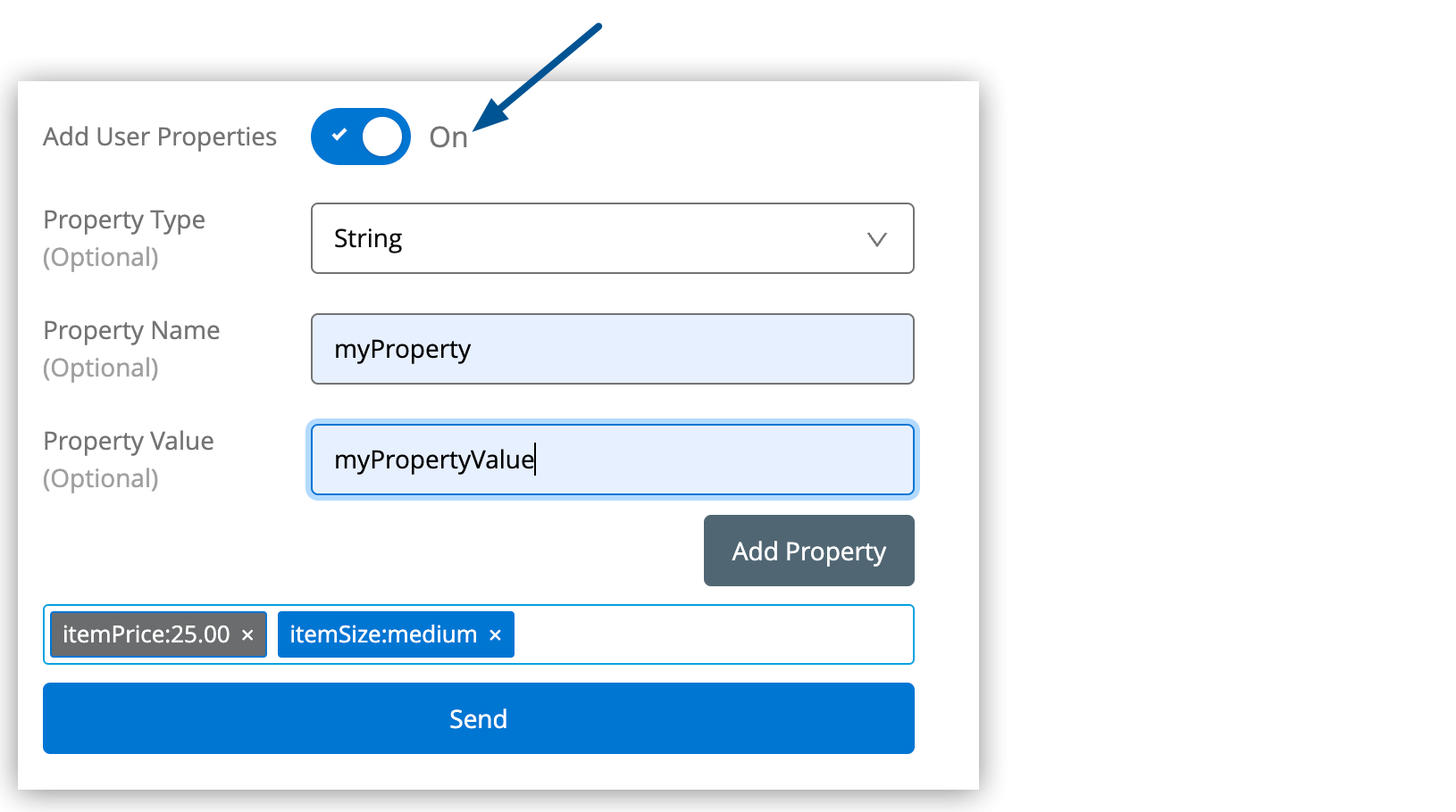 [Message Sender (メッセージ送信者)] ページの [Add User Properties (ユーザープロパティを追加)] 切り替え