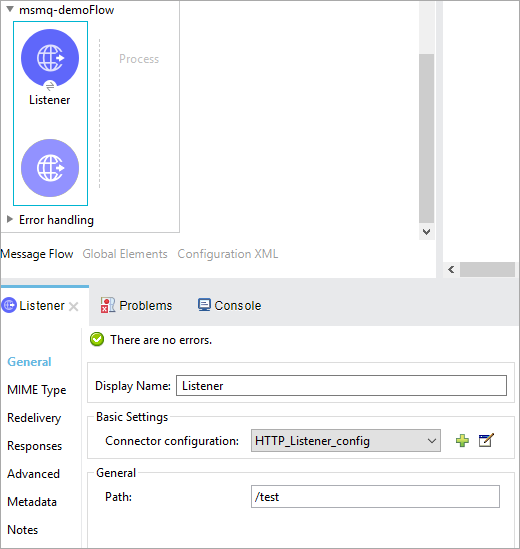 Studio でキャンバスにドラッグされた Listener が含まれている MSMQ フロー