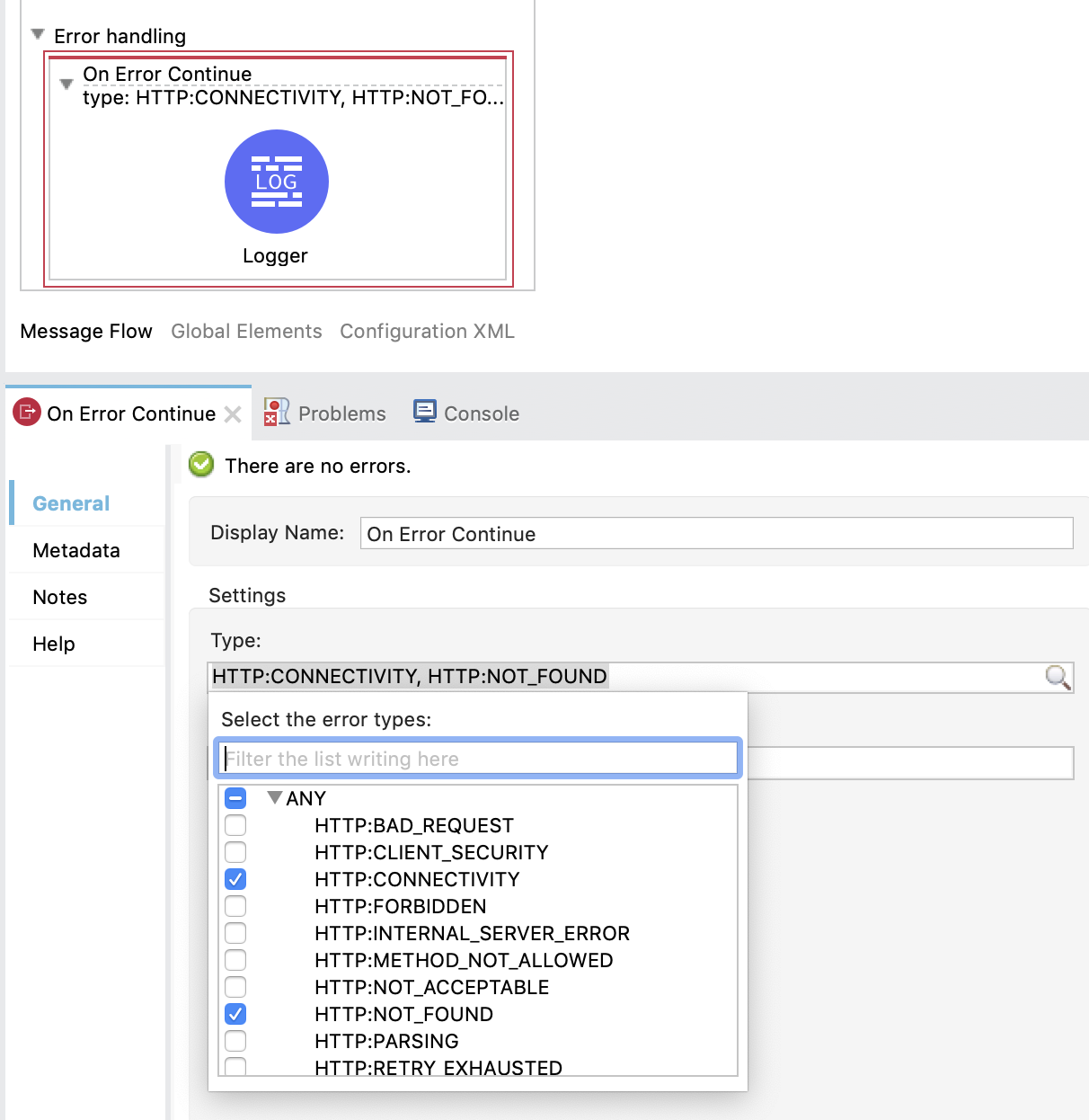 error handlers selected types